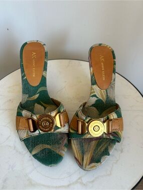 Anne Klein Green Floral Slide Mules with Gold Medallion